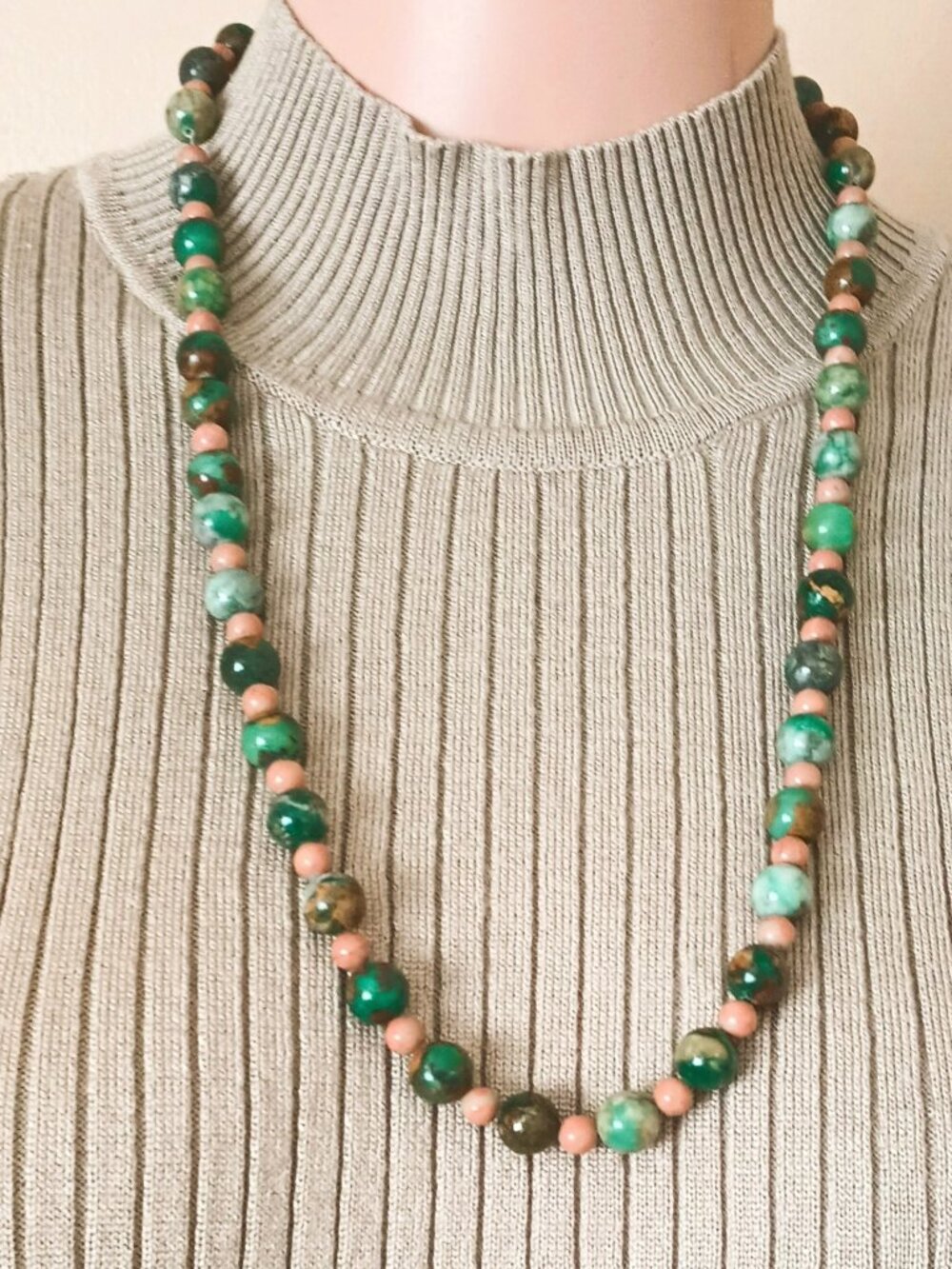 Vtg Colorful Multi Stone Necklace 26" Green Pink Brown Beaded Boho Fall Jewelry